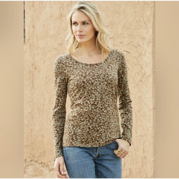 Peruvian Connection Women’s XL Long Sleeve Tee Pima Cotton Brown Black Floral - Picture 3 of 7